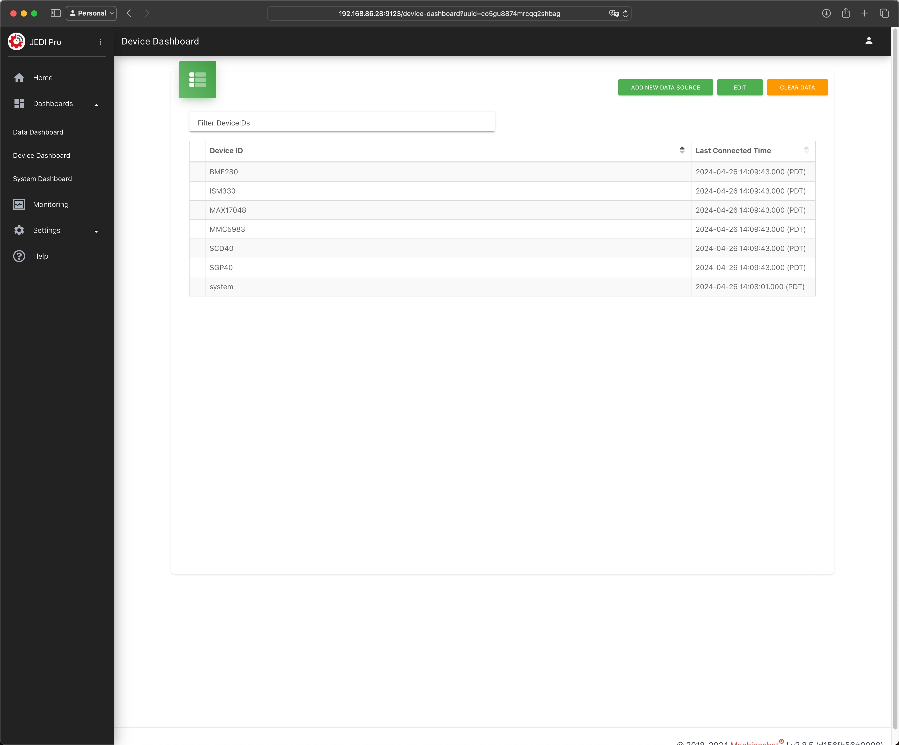 Machinechat JEDI Device Dashboard