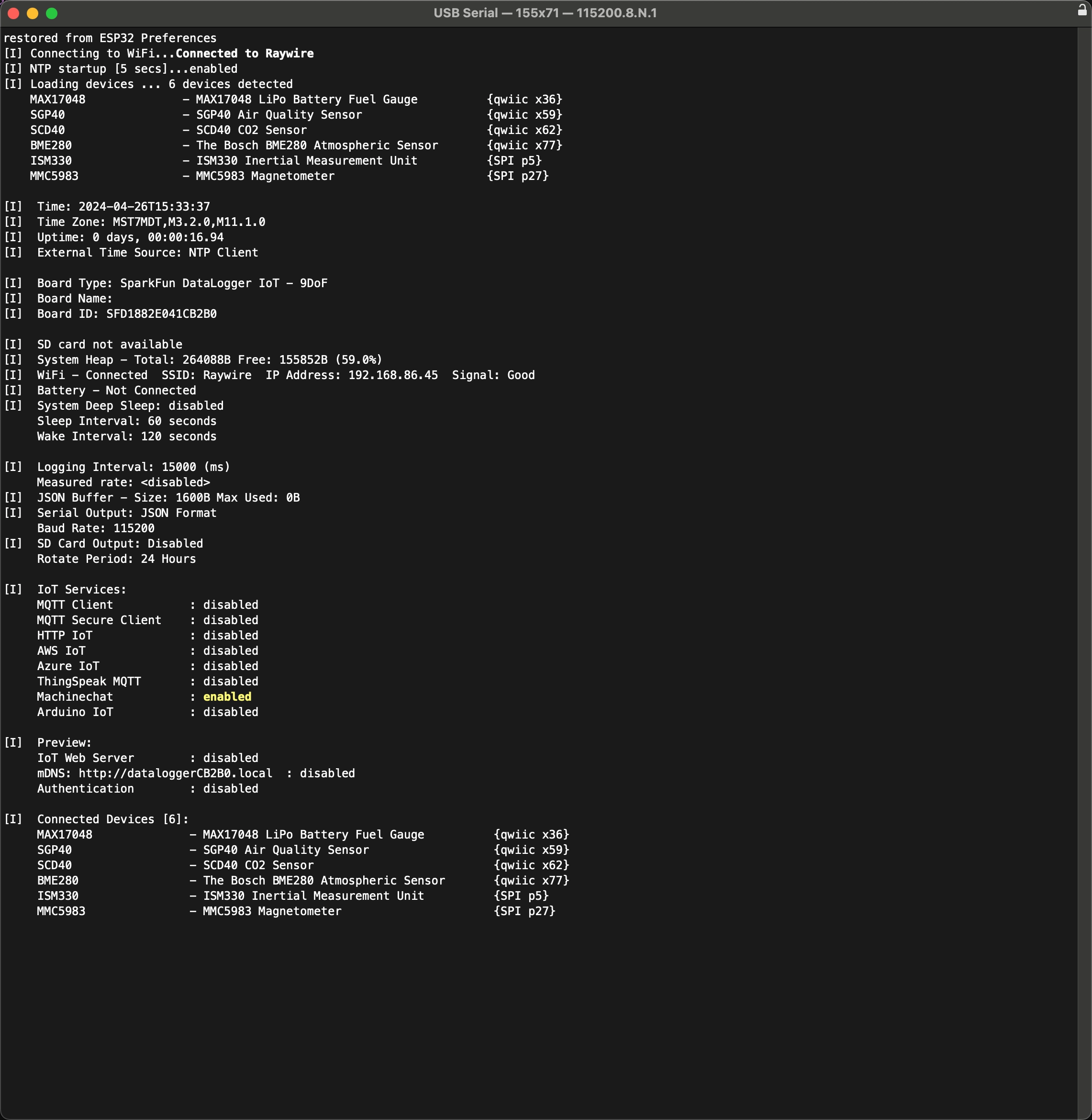 SparkFun DataLogger IoT Boot Up Messages