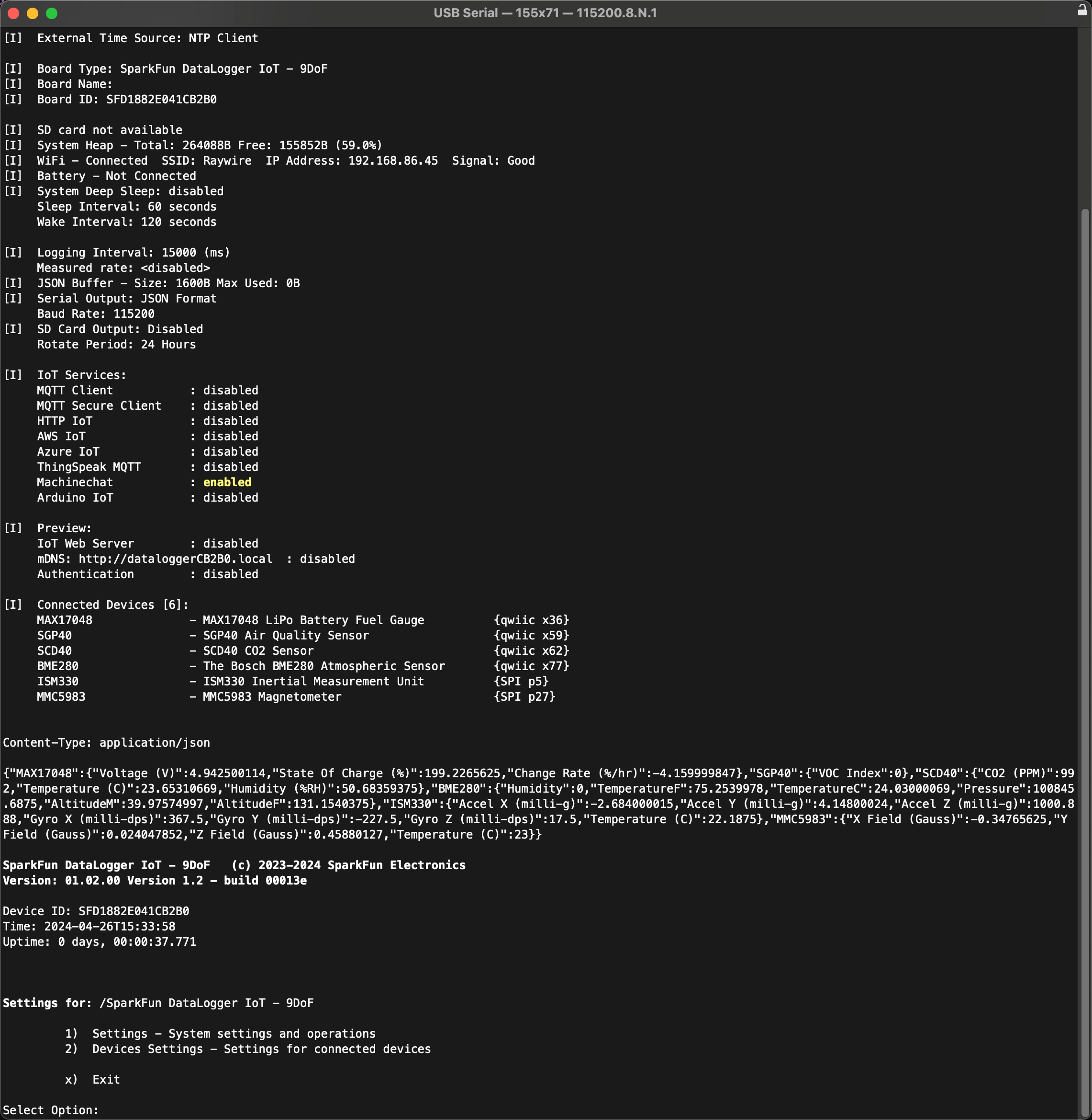 SparkFun DataLogger IoT Configuration Menu