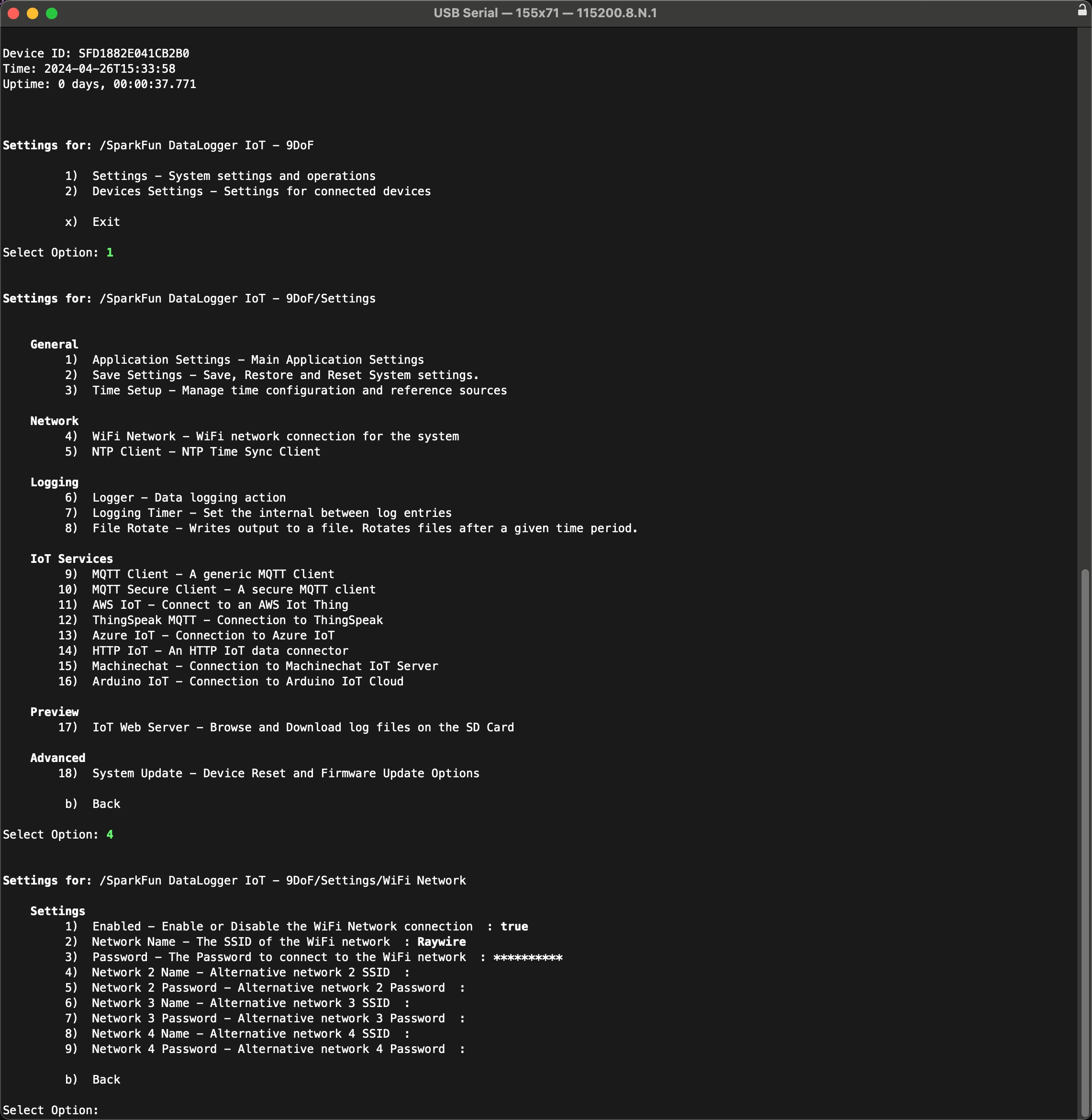 SparkFun DataLogger IoT Wi-Fi Settings Menu