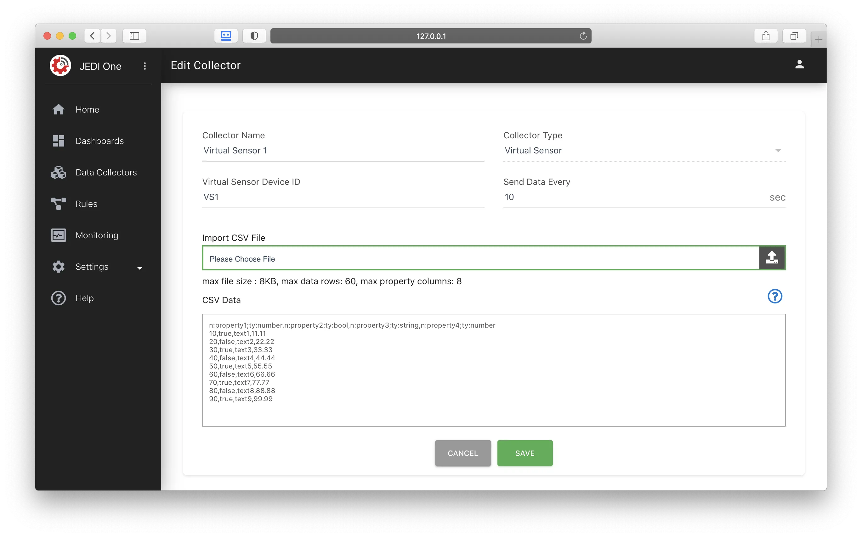 JEDI Virtual Sensor Data Collector Configuration
