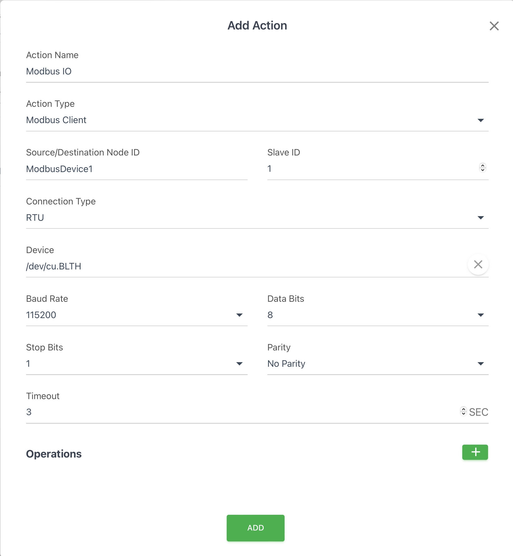 Modbus Client Action RTU Settings