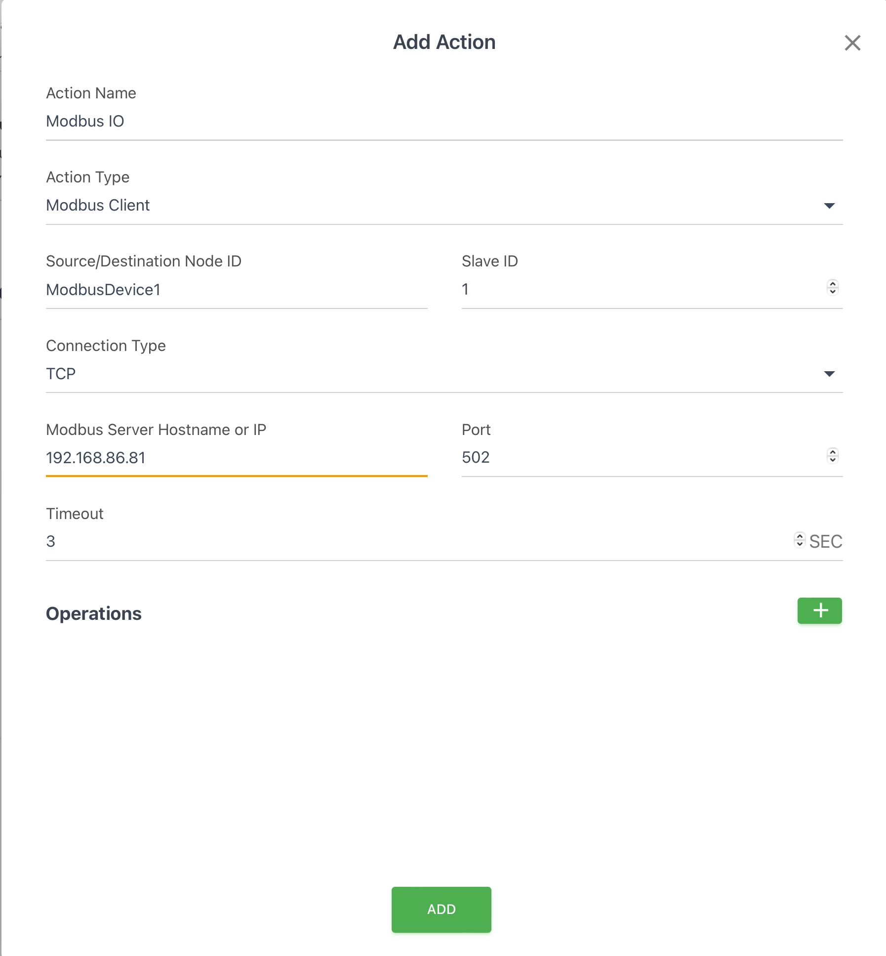 Modbus Client Action TCP Settings