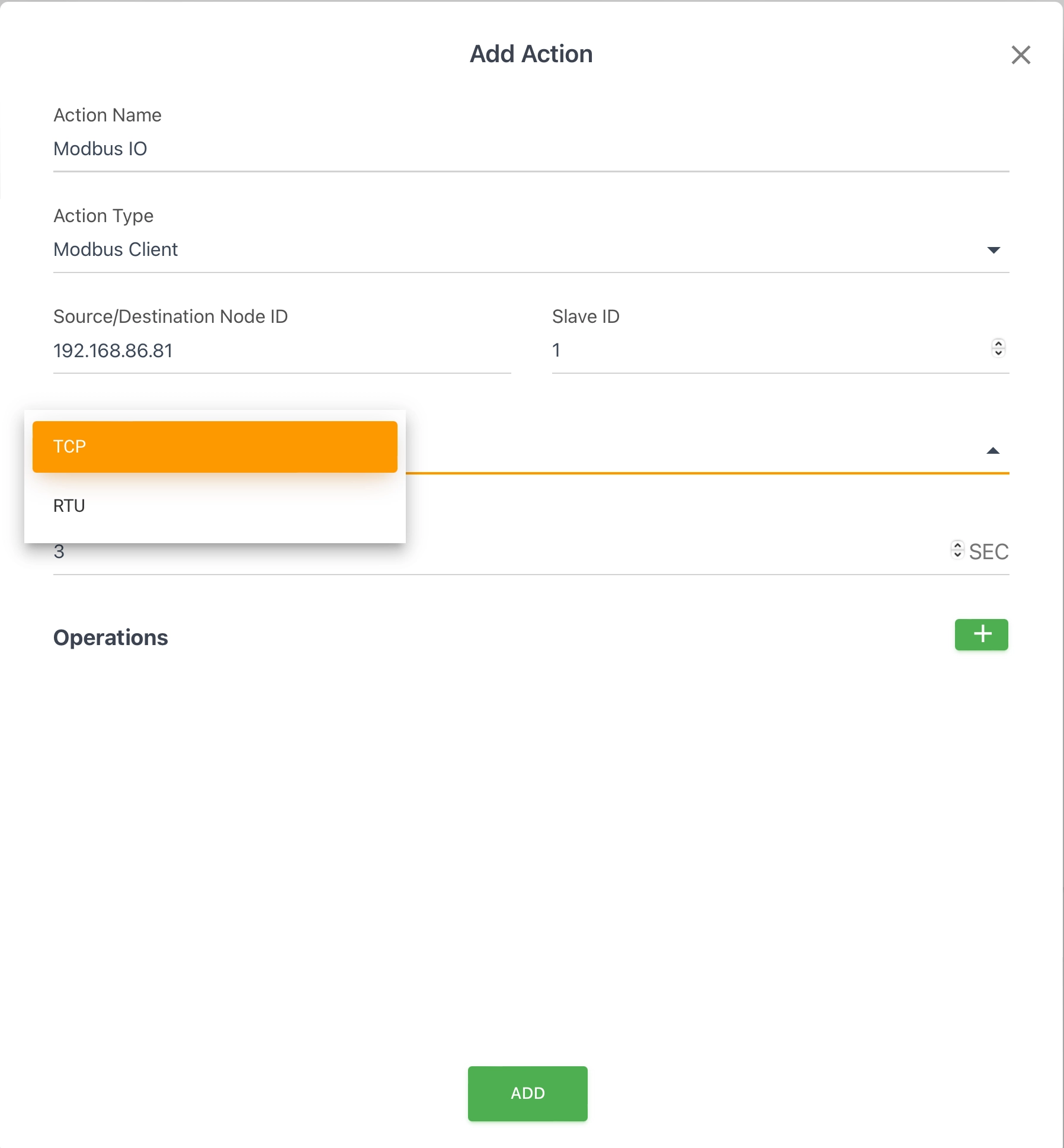 Modbus Client Action Settings
